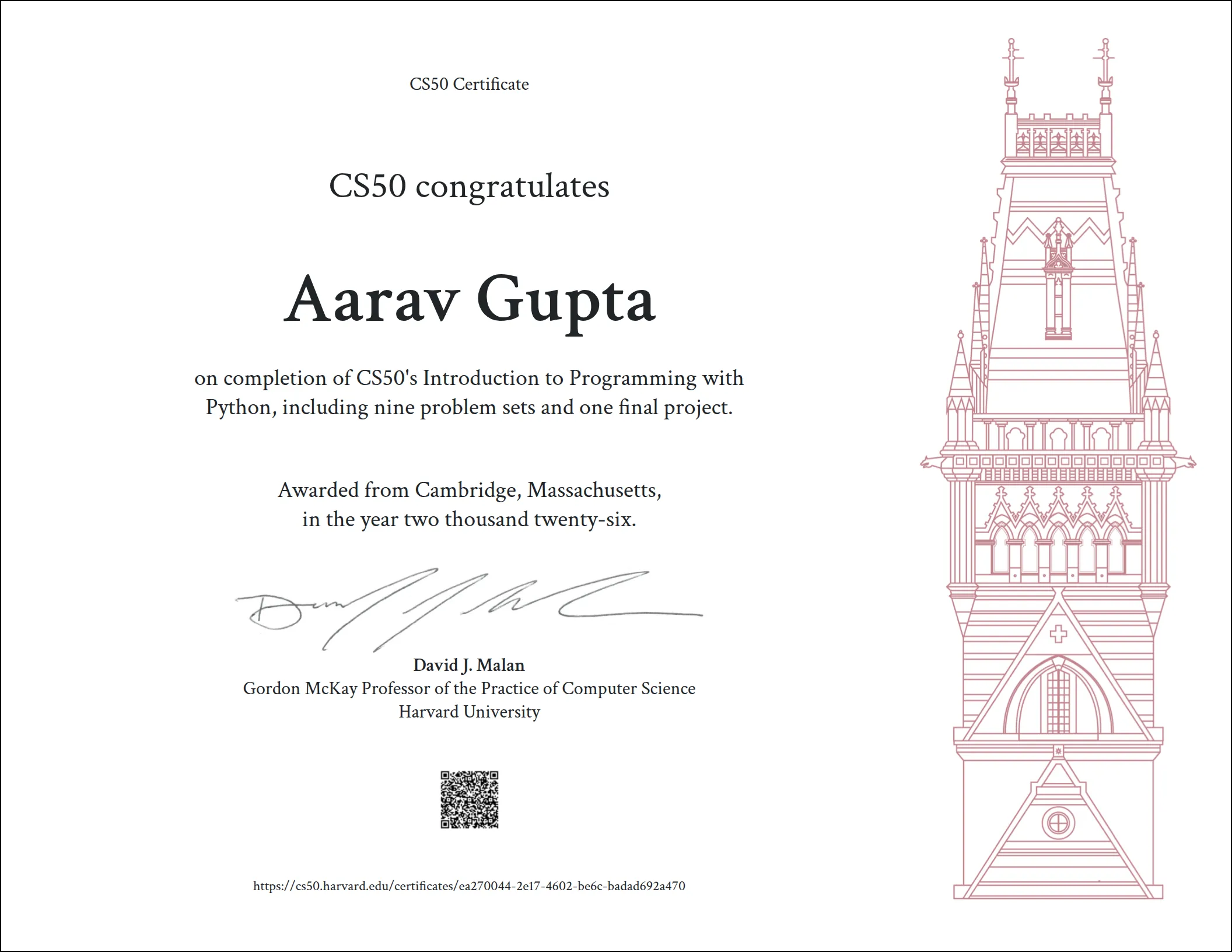 CS50 Python Completion Certificate awarded by Harvard University.